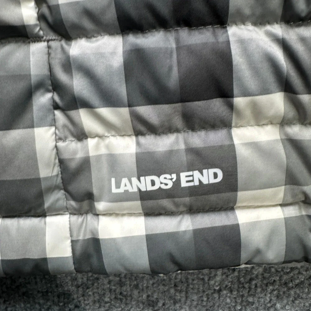 Lands'‎ End Buffalo Plaid Puffer Vest Women 2X Grey Black Down Insulated Outdoor